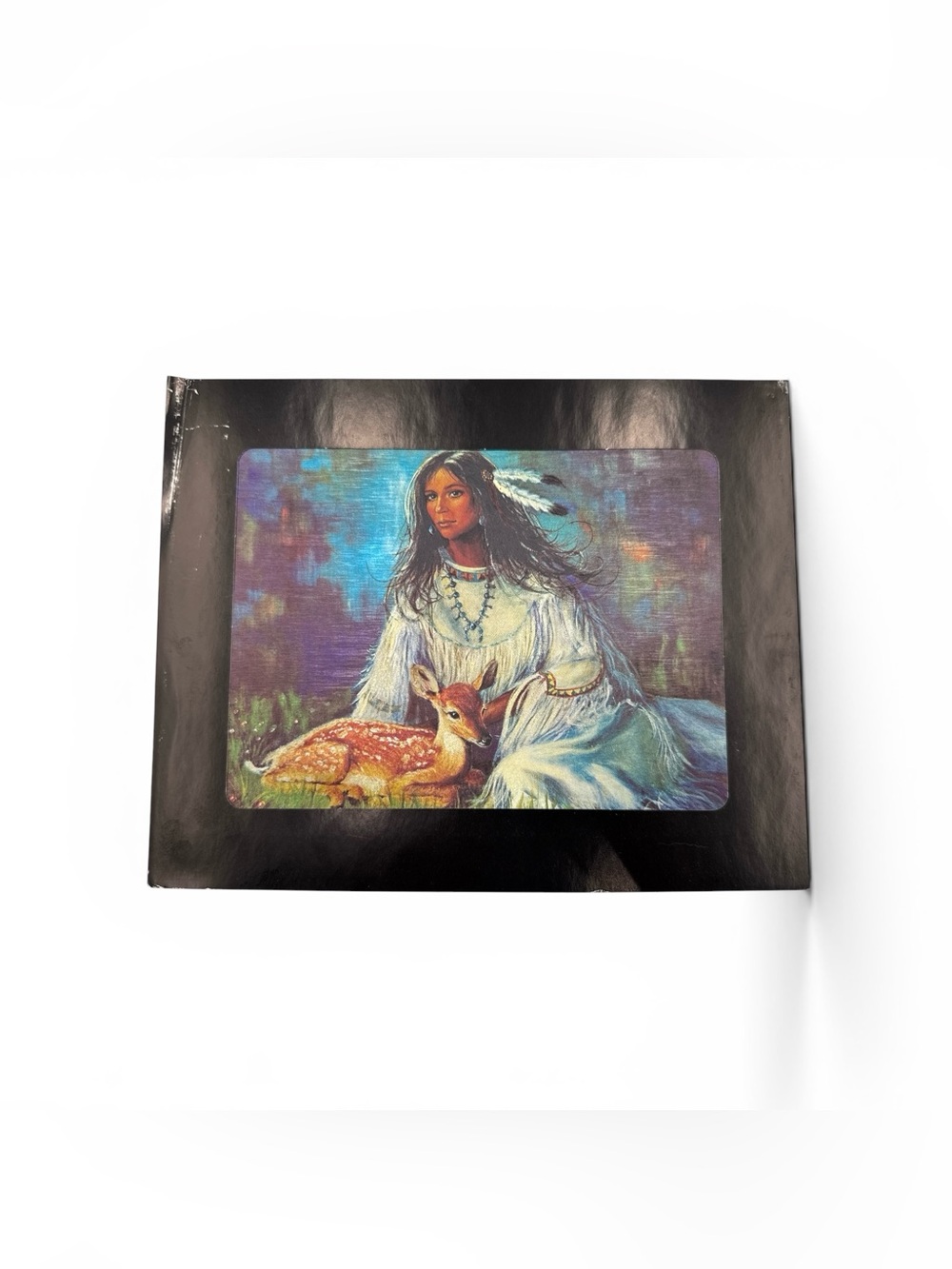Vintage Dufex Metallic Foil Print Native American Woman With Fawn 10” x 8”